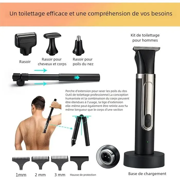 Rasoir électrique pour le dos pour homme 4 en 1 kit de tondeuse pour le corps multifonction en libre-service humide TONDEUSE CORPS