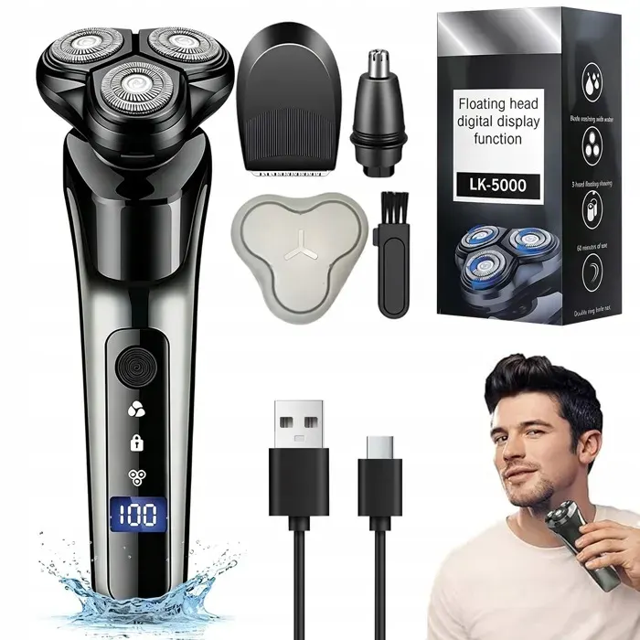Rasoir électrique-taille douce-500mAh-USB rechargeable-2 têtes interchangeables- nez/favoris/corps-32V-noir