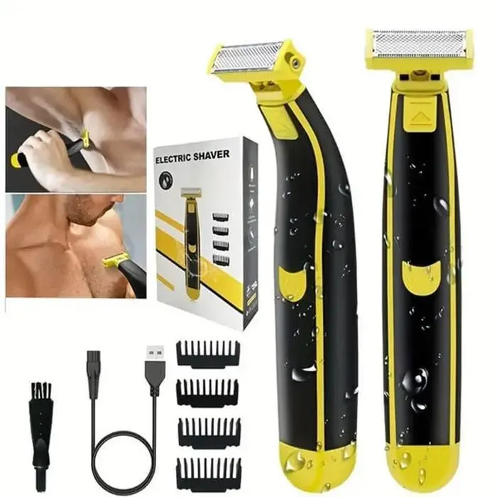 Rasoir Électrique Tondeuse Barbe Et Corps Pour Homme Rechargeable USB Tondeuse Étanche Avec 4 Sabots Noir Jaune