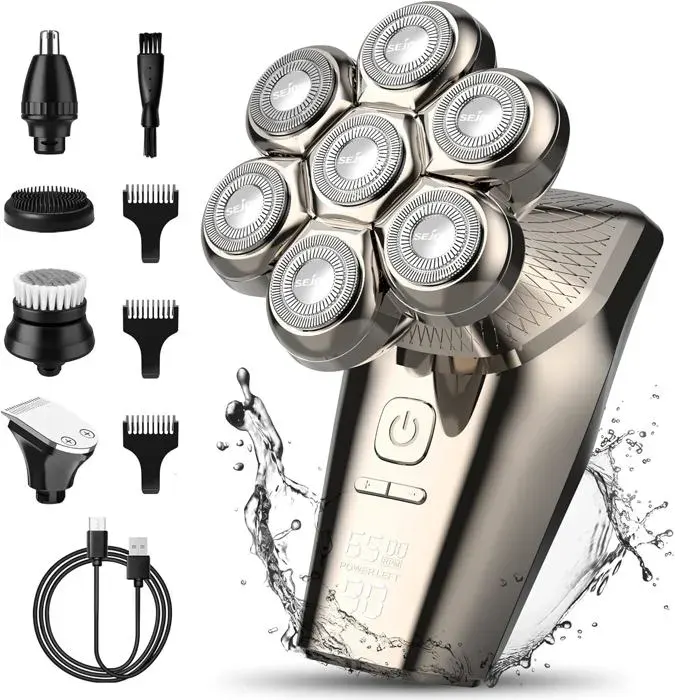 Rasoir Electriques Hommes 5 en 1 Rasoir à Tête Chauve Rasoir Cheveux Homme Rechargeable IPX7 Étanche LED Affiche Rasoir pour Hommes