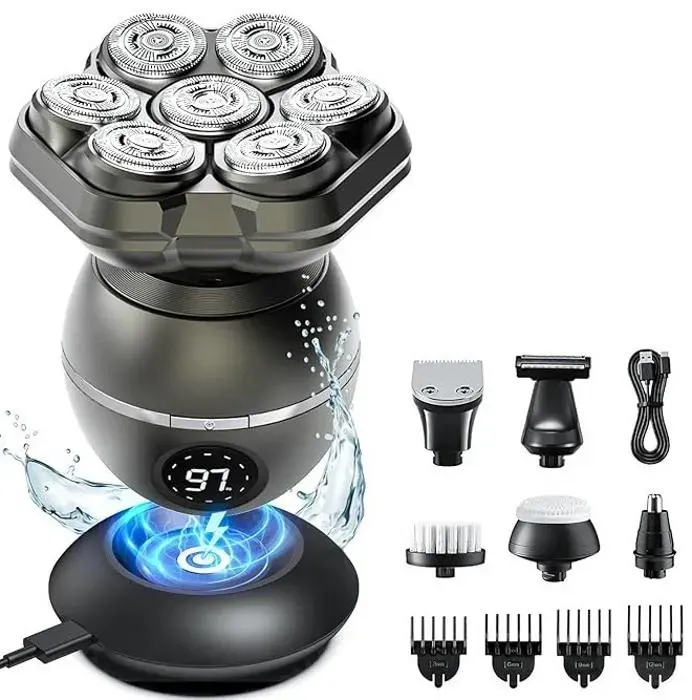 Rasoir Electriques Hommes 5 en 1 Rasoirs à Têtes Rotatives - 3D Tondeuse à Barbe Utilisation Humide et Sèche Rasoir Rechargeable
