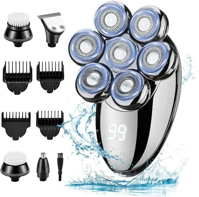 Rasoir Electriques Hommes 5 in 1 Rasoirs à Têtes Rotatives IPX7 Étanche Rechargeable Sec et humide Rasoir Ensemble à tête chauve