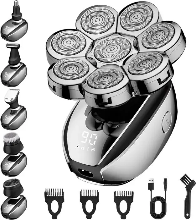 Rasoir Electriques Hommes 6 in 1 Rasoir Homme Electrique Rasoir Tete Chauve Homme Têtes Rotatives 8D IPX6 Étanche Skull Shaver