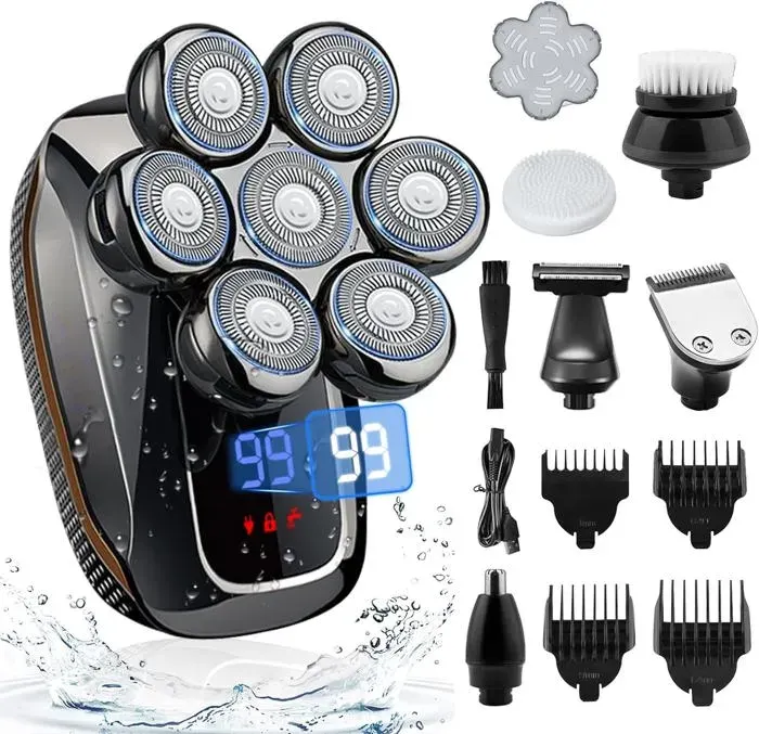 Rasoir Electriques Hommes 6 In 1 Rasoir Tete Chauve Homme 7D Tondeuse Barbe Homme Tondeuse Cheveux Hommes Ipx7 Étanche Sec