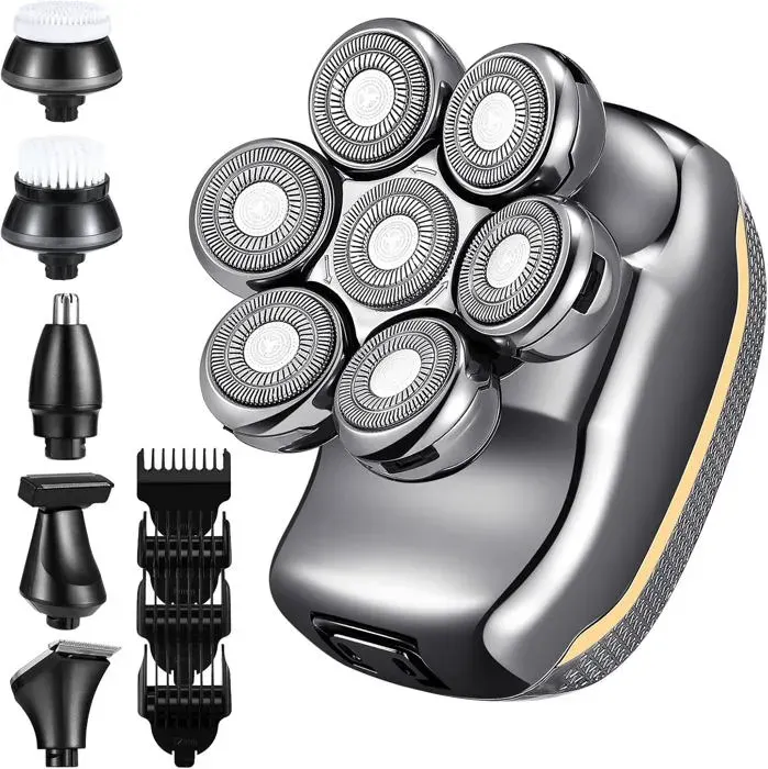 Rasoir Electriques Hommes 6 in 1 Rasoirs Rotatives 7D Rasoir Tete Chauve Homme IPX6avec Écran LED