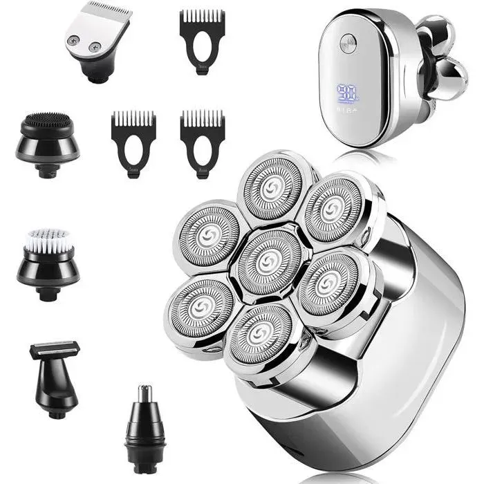 Rasoir Electriques Hommes -Tondeuse À Barbe Rechargeable 6 En 1 Tondeuse Crâne Chauve Étanche Électrique argent RASOIR ELECTRIQUE