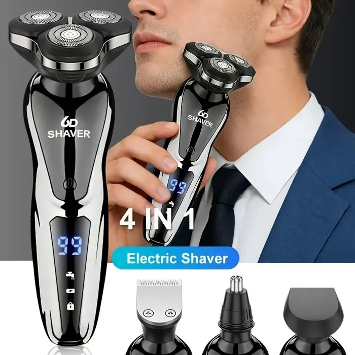 Rasoir et tondeuse électrique 4-en-1 pour hommes — Rechargeable par USB avec écran numérique