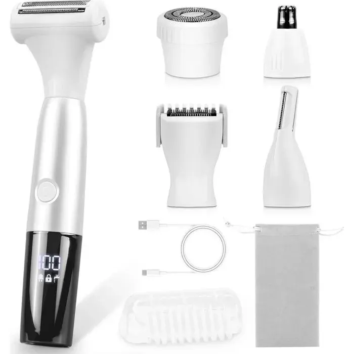 Rasoir femme 5 en 1 maillot - sans fil rechargeable - étanche IPX7 - usage sec/humide visage corps