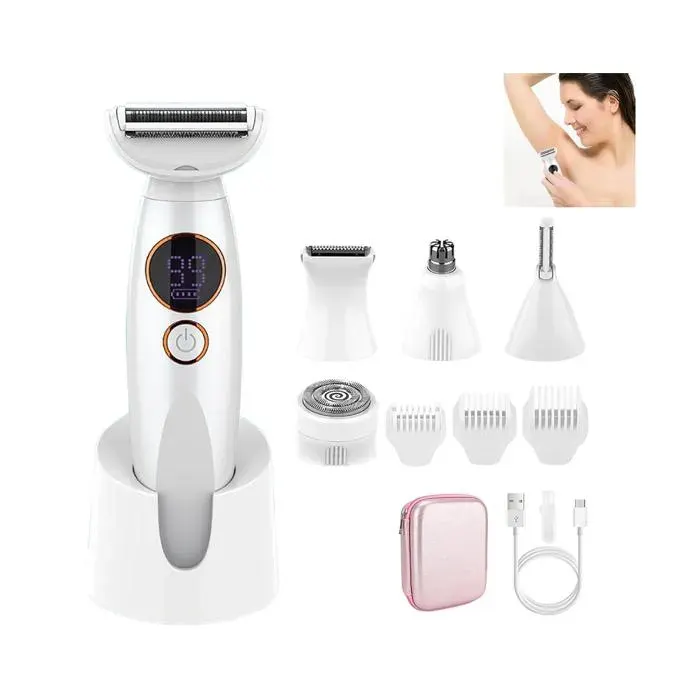 Rasoir Femme 5 En 1 Multifonction Wet&Dry Rasoir Femme Electrique Rasoir Femme Maillot IPX7 Etanche avec Station de Charge USB