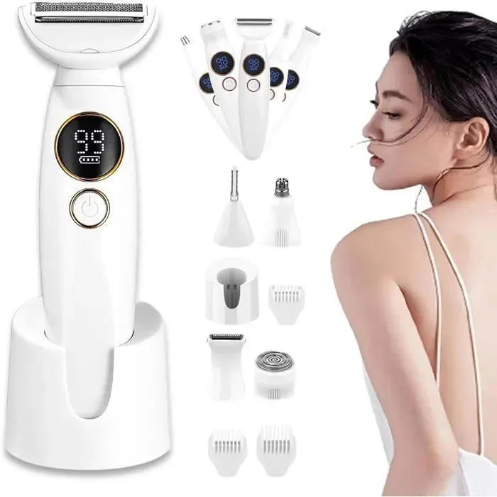 Rasoir pour femme 5 en 1 – Étanche IPX7 – Tondeuse pour maillot – Inclut chargeur USB et écran – Inclut socle de charge