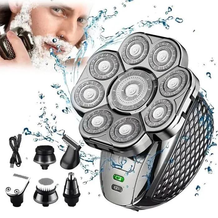 Rasoir pour hommes 6 en 1 rechargeable 9D étanche humide et sec pour têtes chauves