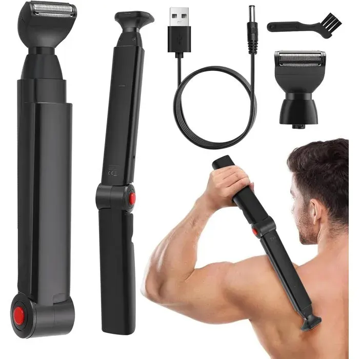 Rasoir pour le dos pour homme-Tondeuse électrique avec 2 têtes de rasage amovibles et extension de bras ergonomique-Rasoir pliable