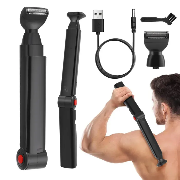 Rasoir pour le dos pour homme - Tondeuse électrique avec 2 têtes de rasage amovibles et extension de bras ergonomique