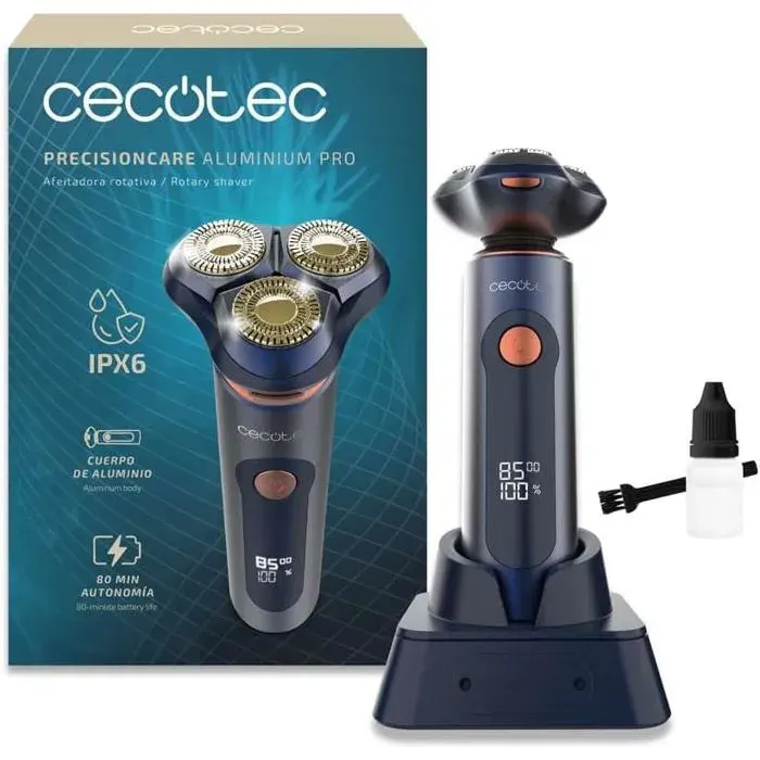 Rasoir Rotatif PrecisionCare Aluminium Pro. Autonomie 80 minÉcran LCDLames en Titane8000 tr/minRésistant à lEau IPX6