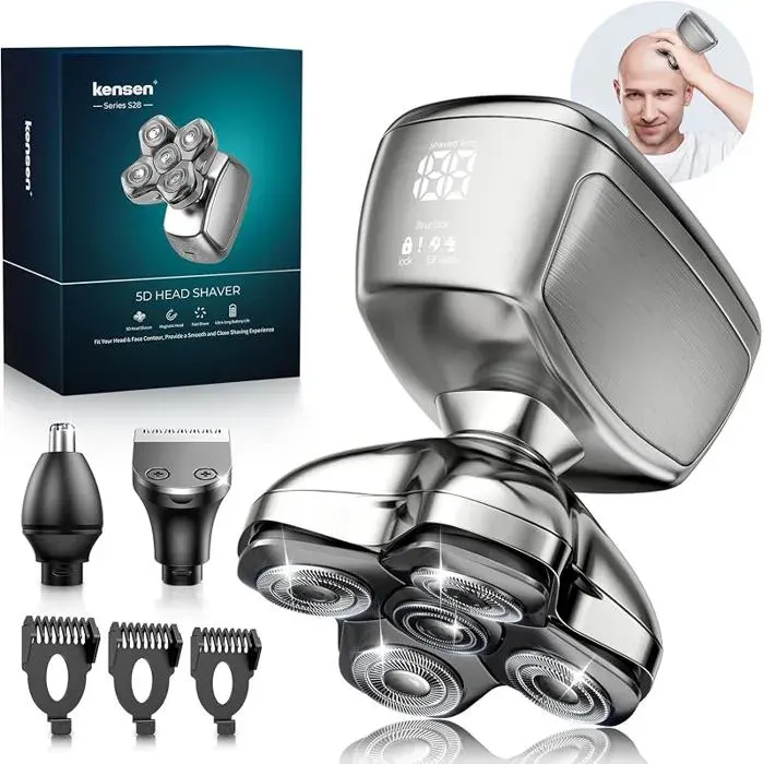 Rasoir Tete Chauve Homme 5D Tondeuse Cheveux Hommes Chauve 120 mins autonomie Tondeuse Crane Chauve Étanche Argen RASOIR ELECTRIQUE