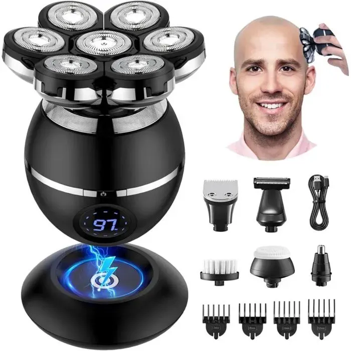 Rasoir Tete Chauve Homme 7D Rasoir Électrique Homme- 6 en 1 Tondeuse Crane Chauve- Humide