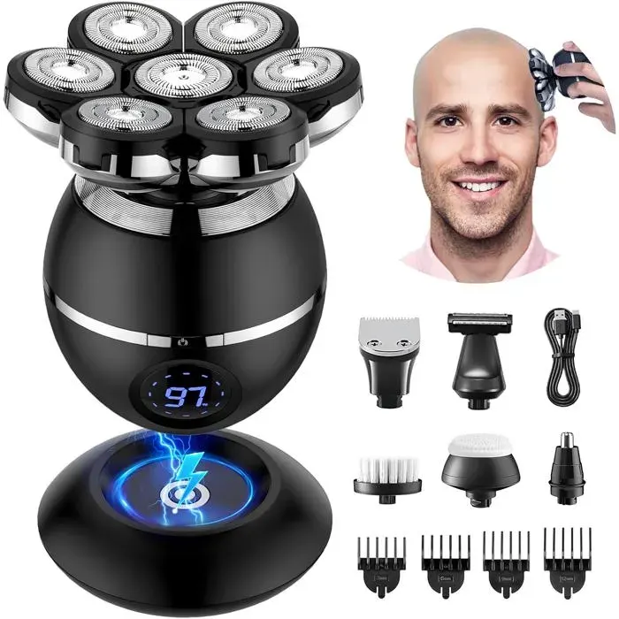 Rasoir Tete Chauve Homme 7D Rasoir Électrique Homme- 6 en 1 Tondeuse Crane Chauve- Humide