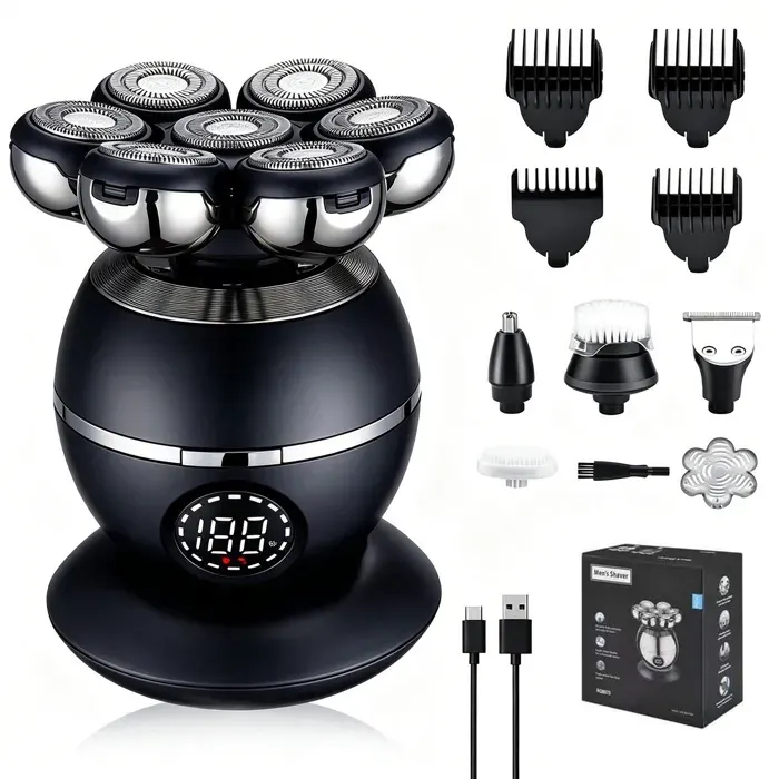 Rasoir Tête Chauve Homme - 7D Rasoir Electriques Hommes Cheveux avec 7 Têtes Rotatives et Écran LED - Humide/Sec Étanche