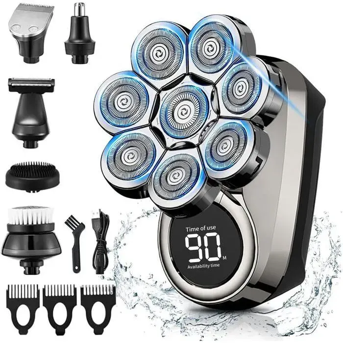 Rasoir Tete Chauve Homme - Rasoir 8D Amélioré pour Hommes Chauves 6 en 1 Tondeuse Crane Chauve Rotative avec Écran LCD Noir