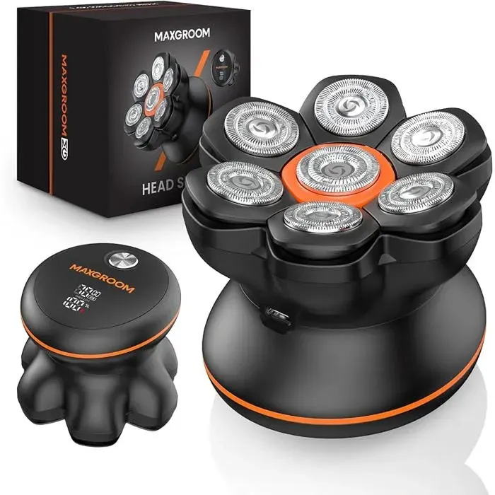 Rasoir Tête Chauve Homme Rasoir Électrique Crâne à Têtes Flottantes 7D Étanche IPX6 Nettoyage Magnétique Noir RASOIR ELECTRIQUE