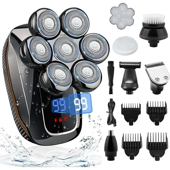 Rasoir Tête Chauve Rasoir Électrique Barbe 6 En 1 Tondeuse À Barbe Homme Rasoir Électrique Corps Homme Avec 7 Têtes Rotatives Ras
