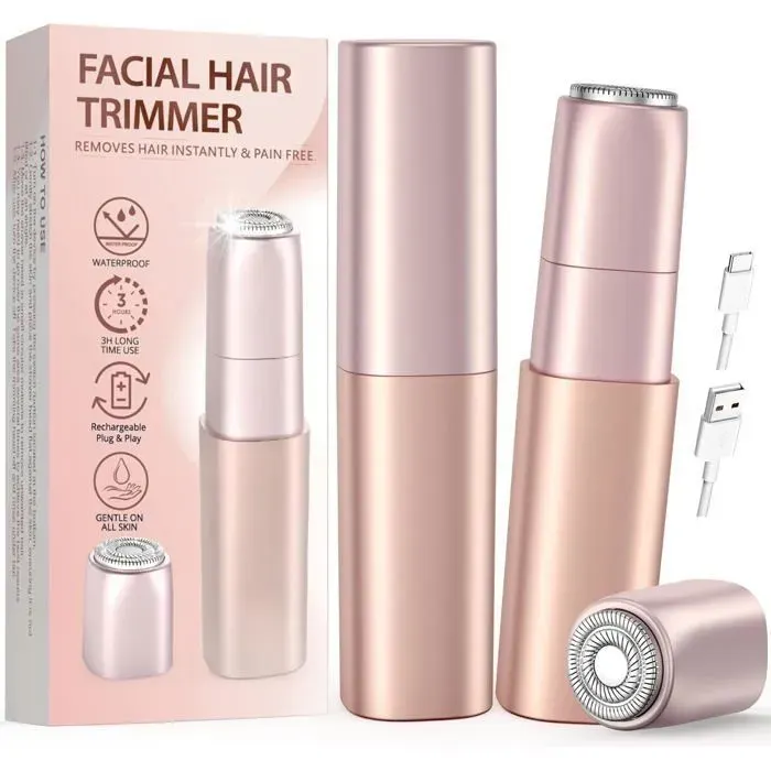 Rasoir visage électrique femme - Rechargeable - 2 têtes de rechange - Doux et indolore - Or rose