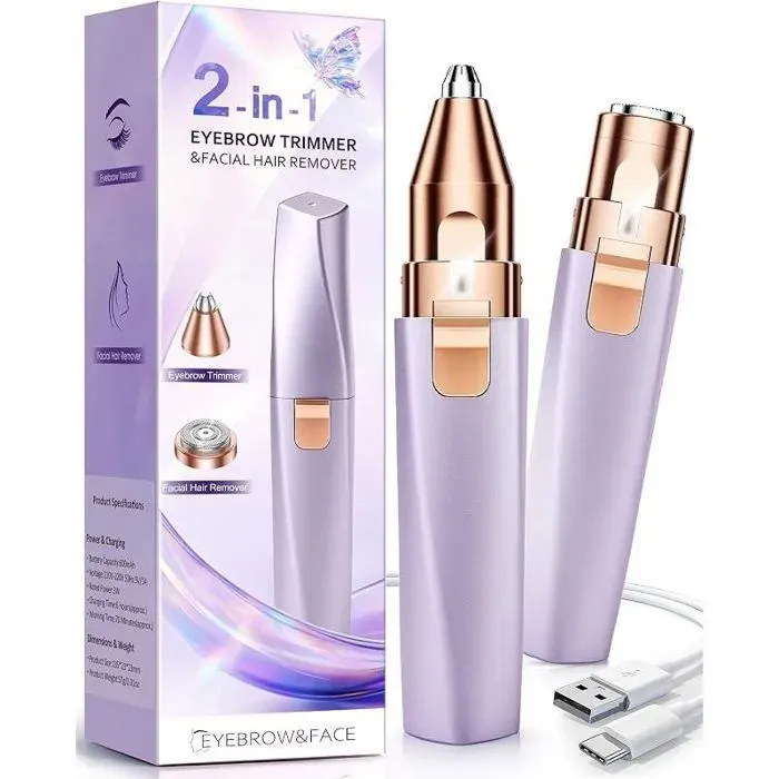 Rasoir Visage Femme Tondeuse Electrique: 2 en 1 pour Sourcils et Visage- Epilateur Visage Femme Rechargeable Lumière LED(Violet)