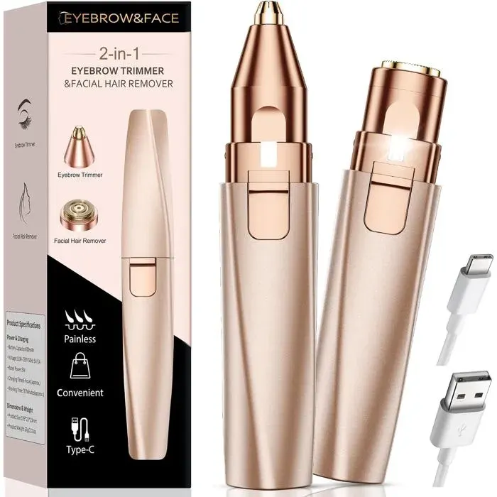Rasoir Visage Femme Tondeuse Electrique: 2 En 1 Pour Sourcils Et Visage- Epilateur Visage Femme Rechargeable Lumière Led Et Doré
