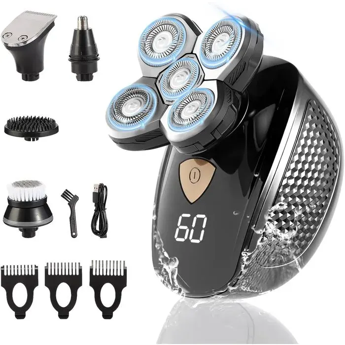 Rasoirs De Tête Pour Homme Rasoirs À Tête Chauve 5 En 1 Pour Homme Rasoir Électrique Rotatif Sans Fil Avec Tête Flottante 5D Ét