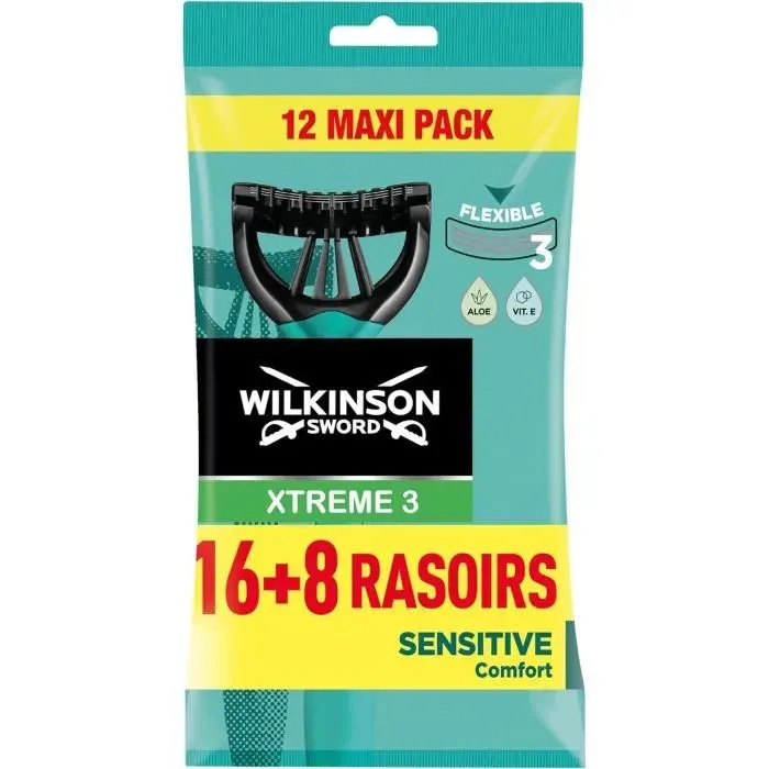 Rasoirs jetables - Wilkinson Sword - Xtreme 3 Pure Sensitive - 3 lames flexibles - Aloé vera - Pack de 24