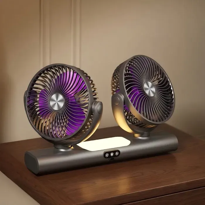 Rechargeable Ventilateur de table Ventilateur à double tête avec veilleuse 3 Vitesses Rotation à 360° Gris foncé