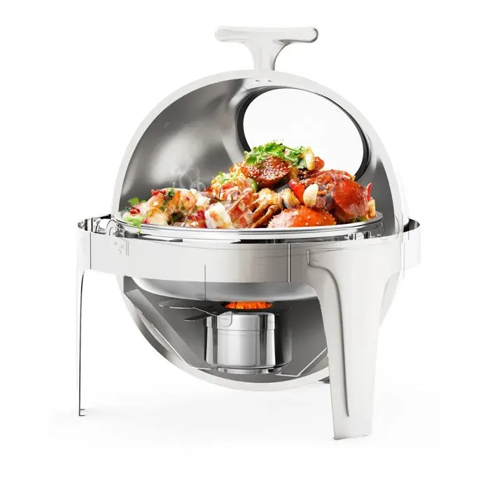 Réchaud à Buffet Rond 6L Ensemble de Chauffe Inox avec Fenêtre Plat Pleine Taille Argenté Idéal pour Plats Buffet 1PCS