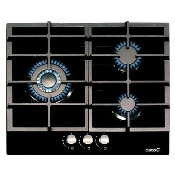 Réchaud à gaz encastrable - CATA - 3 brûleurs - 6250 W - Brûleur de mijotage 1000 W - Surface en verre noir