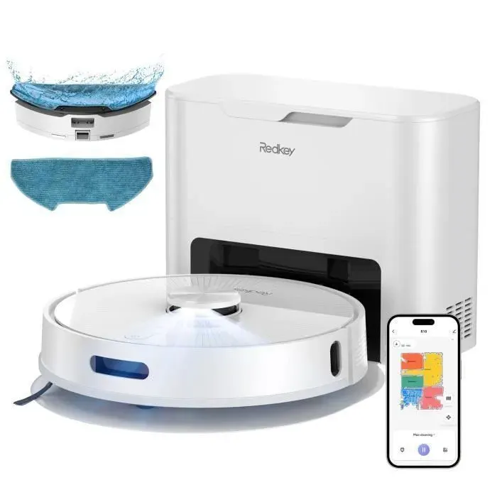 Redkey R10 Aspirateur Robot 4000 Pa avec Station de Vidangeavec Navigation LDSpour Tapis Poils d’Animaux et Sols Durs