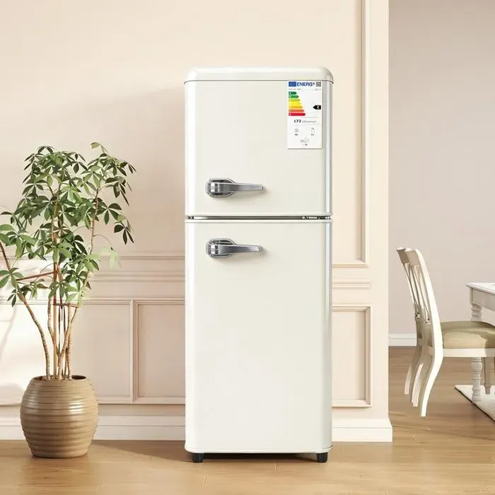 Réfrigérateur 112 Litres 72L+40L Réfrigérateur Congélateu a 2 Porte avce Éclairage LED Couleur crème【Vérifiez les Dimensions】