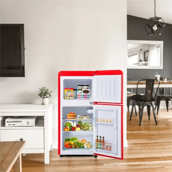 Réfrigérateur 60 Litres 38L+22L Réfrigérateur Congélateu a 2 Portes 【Vérifiez les dimensions】Frigo avce Éclairage LED Rouge