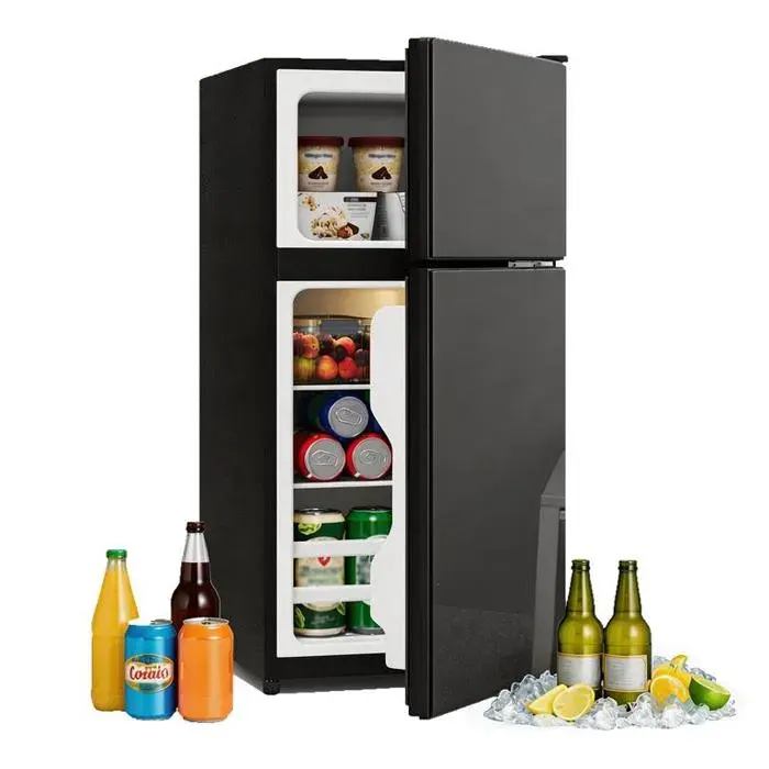 Réfrigérateur 60 Litres 38L+22L Réfrigérateur Congélateu avce Éclairage LED et deux porte vitrée Noir【Vérifiez les Dimensions】