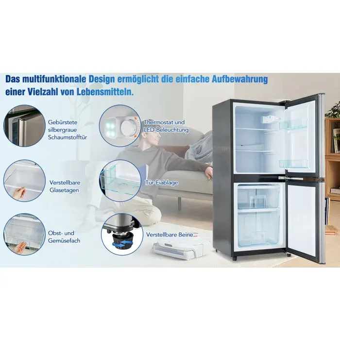 Réfrigérateur combiné 106 L noir et argent congélateur haut LED thermostat 7 niveaux