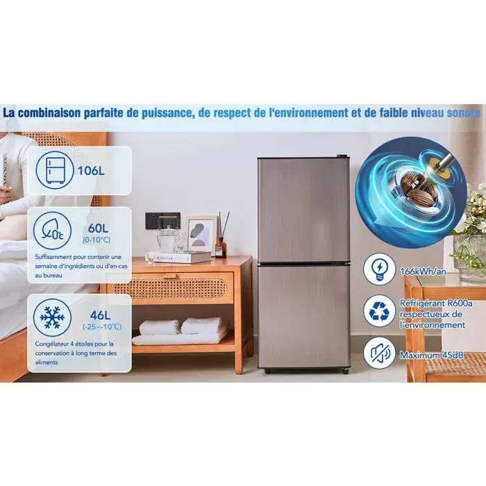 Réfrigérateur combiné 106L – 60L réfrigérateur / 46L congélateur – Classe E – Noir et argent