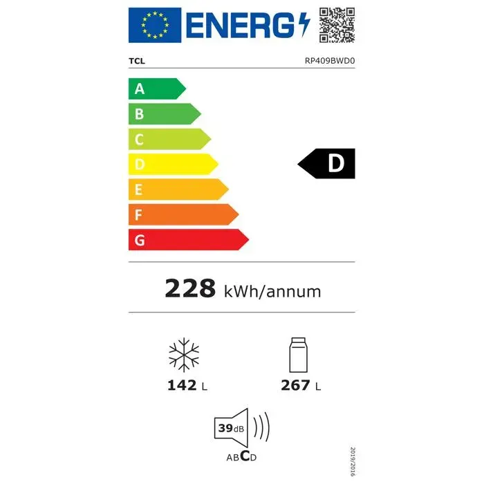 Réfrigérateur combiné blanc - TCL - 409 L - 189 cm - Sans givre - Froid ventilé - Connecté - Classe énergétique D — coloris Blanche