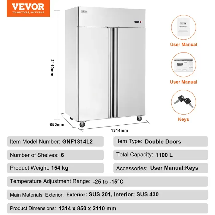 Réfrigérateur Commercial 1100 L-VEVOR-Armoire Réfrigérée Positive à Portée de Main 2 Portes-6 Tablettes-Cuisine Restaurant