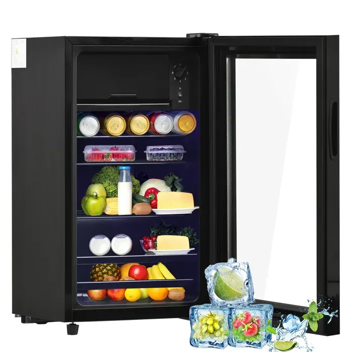 Réfrigérateur compact 76L à compresseur noir congélateur 6L et réfrigérateur 70L porte vitrée pour boissons camping caravane