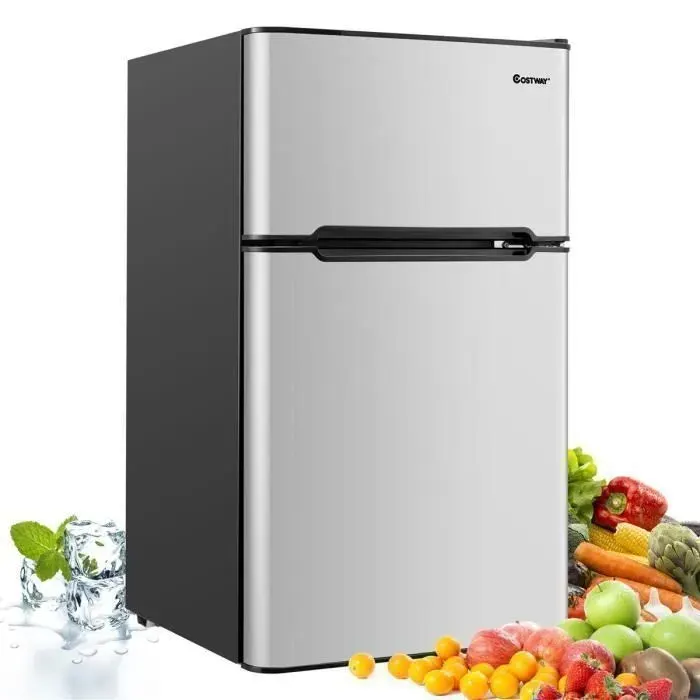 Réfrigérateur Compact 90L COSTWAY-2 Portes-Lumière LED Grand Angle-7 Réglages de Température-Etagères Amovibles-Silencieux-Argent