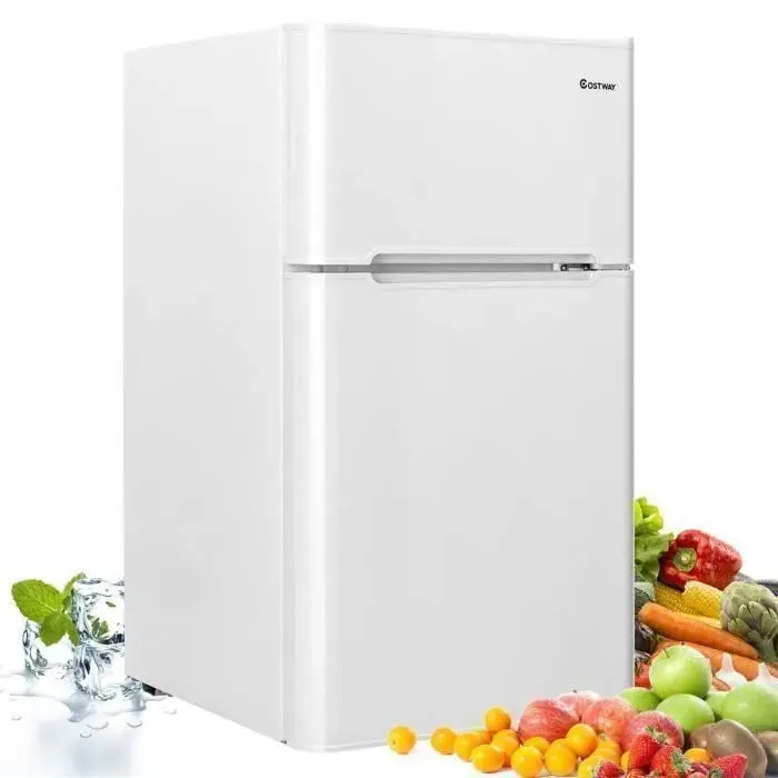 Réfrigérateur Compact 90L COSTWAY-2 Portes-Lumière LED Grand Angle-7 Réglages de Température-Etagères Amovibles-Silencieux-Blanc