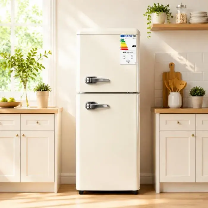 Réfrigérateur compact rétro crème 96L congélateur 28L 7 réglages température LED étagères modulables pieds ajustables silencieux