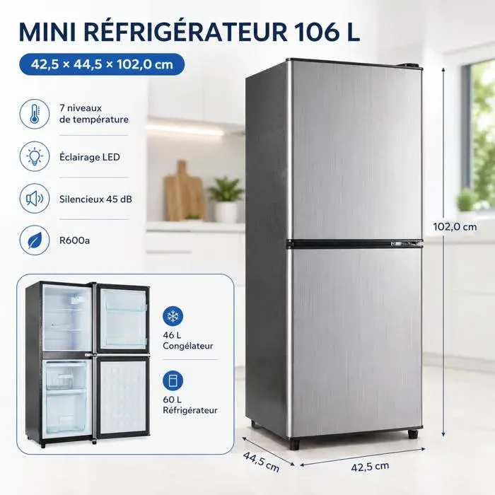 Réfrigérateur Congelateur 106 Litres 60L+46L Réfrigérateur a Économie Frigo a LED 7 Réglages 【Vérifiez les Dimensions】 Argenté