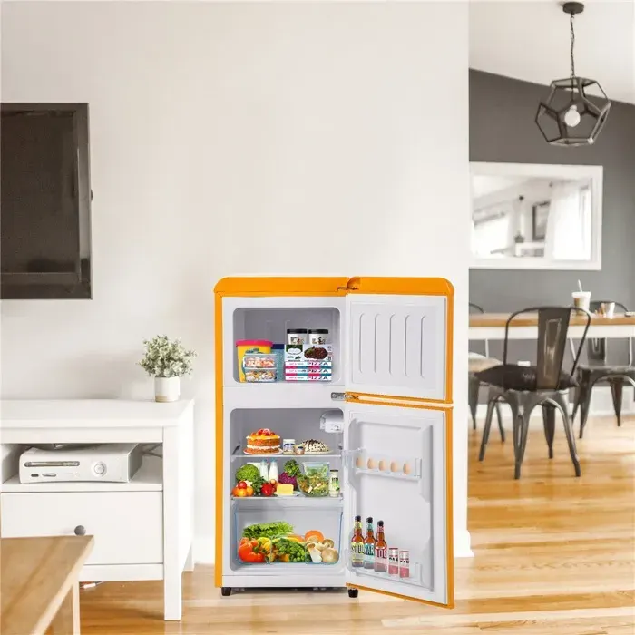 Réfrigérateur congélateur 60 litres 38L+22L Frigo à double porte 102 kWh/an -27°C ∽ 13°C réfrigérateur avec éclairage LEDjaune