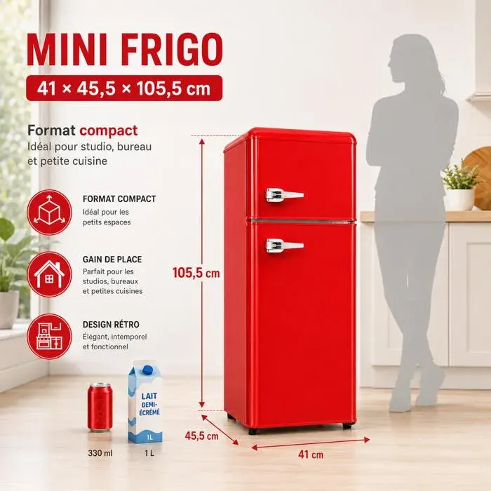 Réfrigérateur congélateur 92 litres 64L+28L réfrigérateur à deux portes116 kWh/an -27°C ~13°C Frigo a éclairage LED rouge