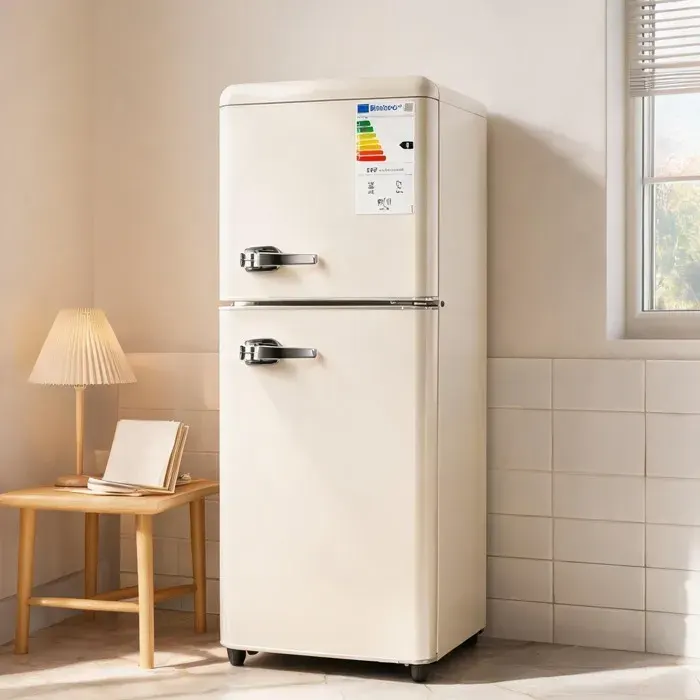 Réfrigérateur congélateur double porte 112 L blanc cassé – acier et plastique 7 réglages LED