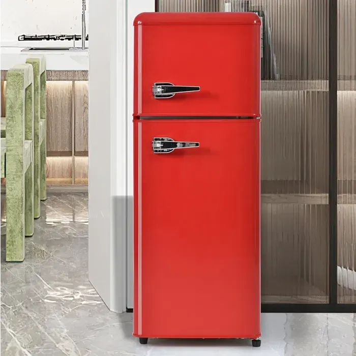 Réfrigérateur congélateur rétro rouge en plastique 1055 x 41 x 455 cm double porte 92 L pose libre avec LED